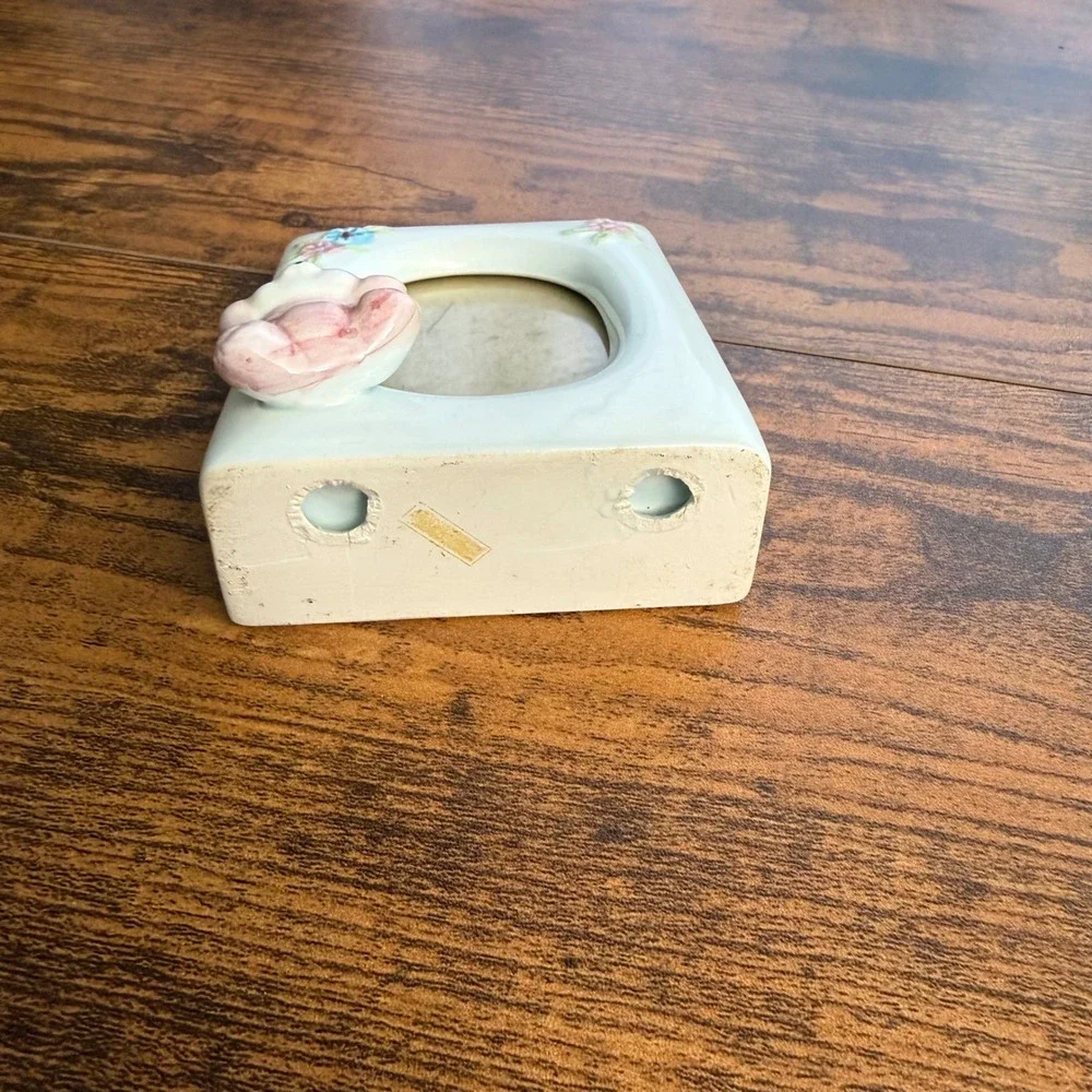 Vintage Ceramic Teddy Bear Floral Picture Frame Pastel Nursery Decor 4x3.25